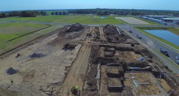 Aerial view of the first two excavated buildings at Wild Oak