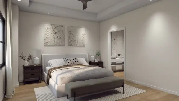Virtual rendering of a furnished ranch condo bedroom