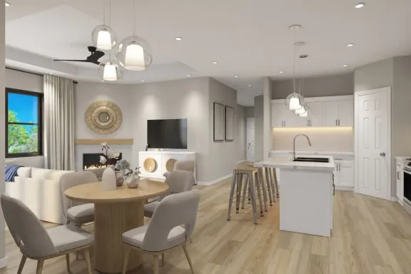 Virtual rendering of a ranch condo living and dining area